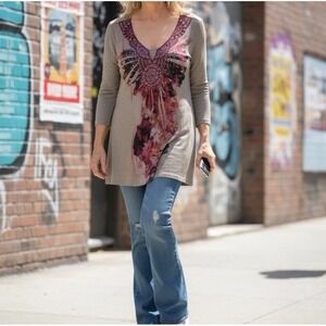 Y2K Blouse Women's Size XL Tunic Embellished 3/4 Sleeves Stylish Top